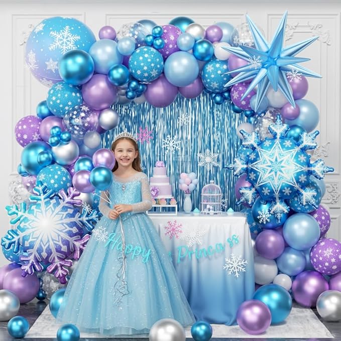 Frozen Balloon Arch Garland Kit 220pcs, Blue Purple White Balloons with Fringe Curtain Snowflake Balloons Birthday Banner for Winter Wonderland Baby Shower Snow Princess Birthday Party Decor