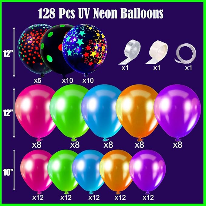 128Pcs UV Neon Glow in the Dark Balloon Arch Kit, Rainbow Red Blue Yellow Green Balloons, Fluorescent Party Supplies for Disco, Glow Parties, 80s 90s Neon Themed Birthday Celebrations