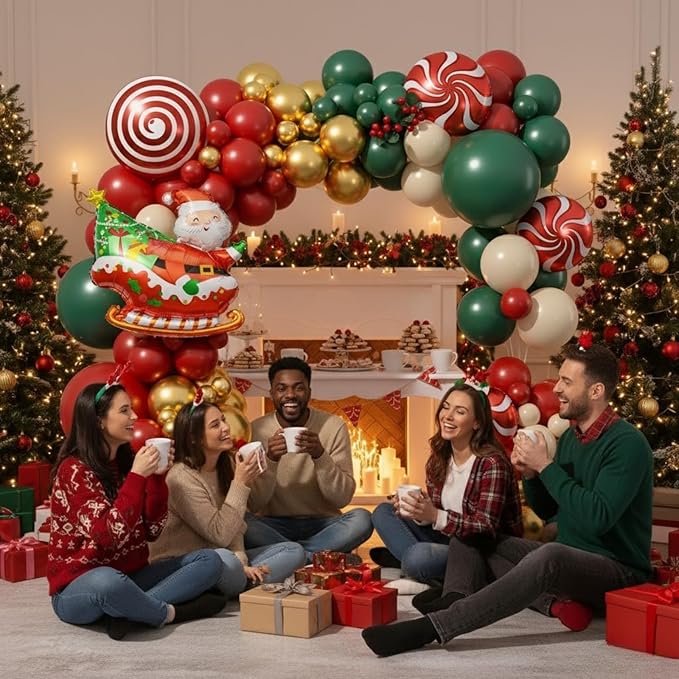 Christmas Balloon Arch Kit, Red Green Nude Metallic Gold Balloons with Santa Candy Lollipop Foil Balloons for Christmas Party Decorations Xmas Eve New Year Holiday Party Supplies