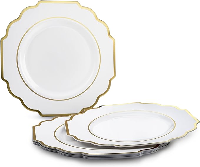 " OCCASIONS " 120 Plates Pack,(60 Guests) Heavyweight Wedding Party Disposable Plastic Plates Set -60 x 10.5'' Dinner + 60 x 8'' Salad/Dessert Plate (Imperial White & Gold)