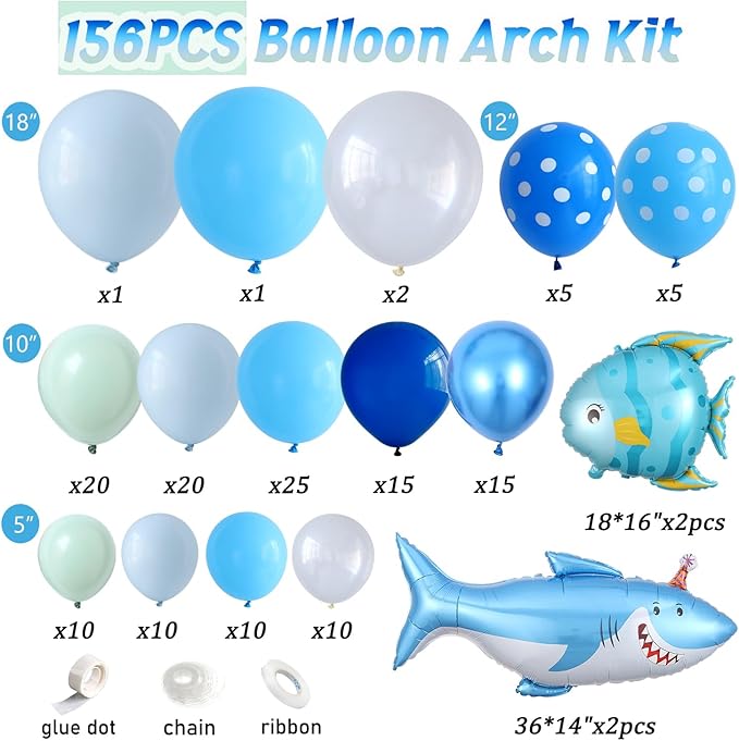 Under the Sea Party Decorations 156Pcs Blue Green Shark Balloon Arch Garland Kit with Shark Clownfish Foil Balloons for Shark Week Ocean Animals Theme Kids Boys Birthday Party Baby Shower Supplies