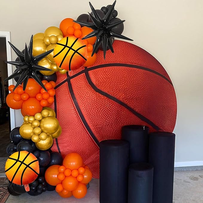 Basketball Balloon Arch Kit, 108Pcs Black Orange and Metallic Gold Balloon Garland Kit with Black Explosion Star and Basketball Foil Balloons 18 10 5 Inch for Boys Men Birthday Party Supplies