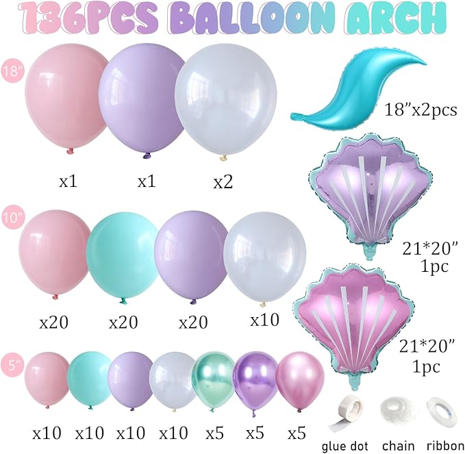 Mermaid Balloon Garland Arch Kit, Pastel Pink Purple Teal Blue Clear Balloons with Tail Seashell Foil Balloons for Little Mermaid Birthday Party Decorations Summer Under The Sea Ocean Party