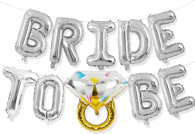 Silver Bachelorette Party Decorations, Bride To Be Bridal Shower Letter Balloons Banner with Engagement Diamond Ring Mylar Foil Balloon for Wedding Photo Booth Hen Night Room Party Decor