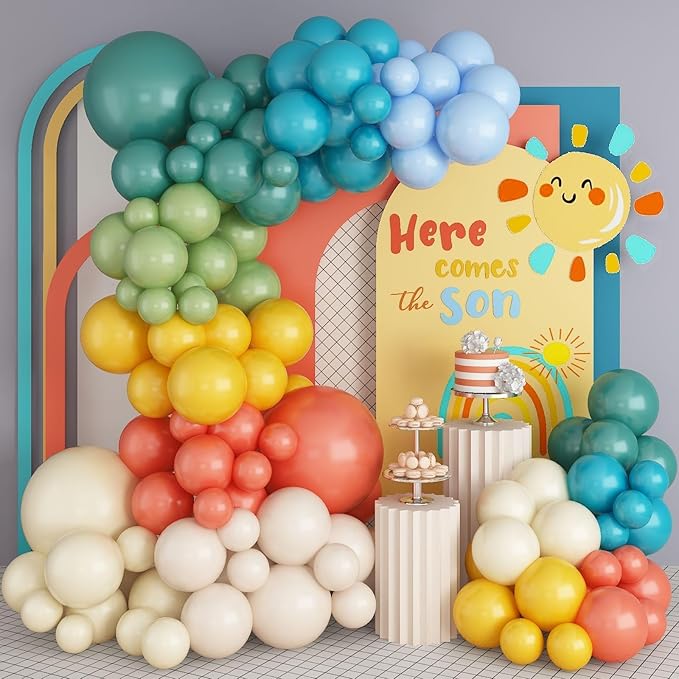 Retro Boho Balloon Arch Garland Kit, 163Pcs Retro Blue Orange Mustard Yellow Balloon Arch Garlands for First Birthday Theme Boho Colorful Baby Shower Wedding Bridal Shower Rainbow Party Decoration
