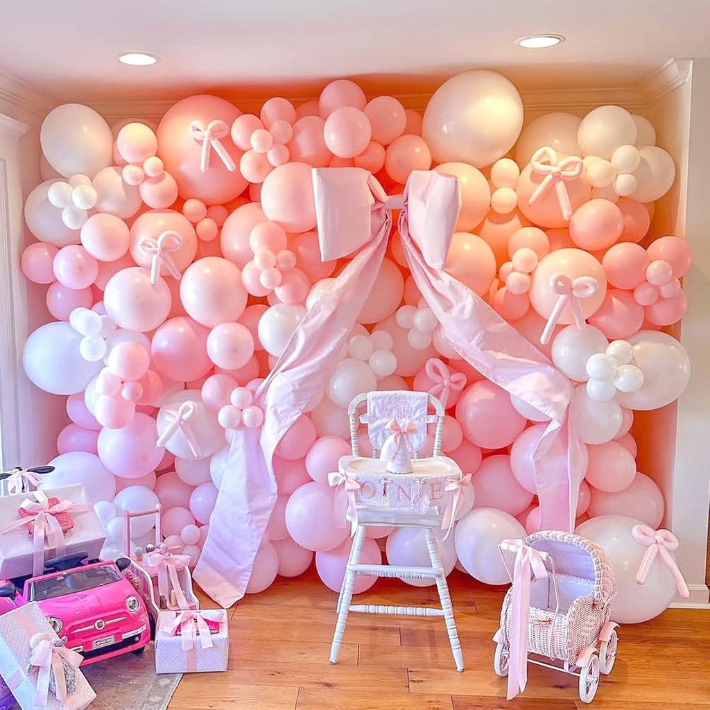 Pink Bow Balloons Garland Arch Kit,180Pcs Pink and White Balloons with Clear Balloon Wrap Bows for Wedding Bachelorette Baby Shower Coquette Birthday Party Decorations