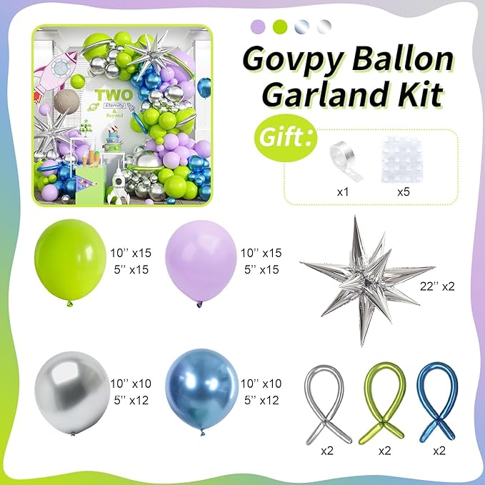 117PCS Purple Green Balloon Garland Kit, Space Birthday Decorations Lime Green Purple Metallic Blue Silver Balloons with Star Balloon Arch for Kids Boys Monster Toy Theme Baby Showr Party Decor