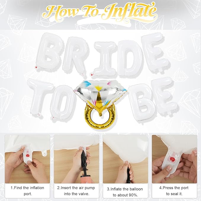 Bachelorette Party Decorations, White Bride To Be Bridal Shower Letter Balloons Banner with Diamond Ring Mylar Foil Balloon for Engagement Wedding Photo Booth Hen Night Room Party Decor