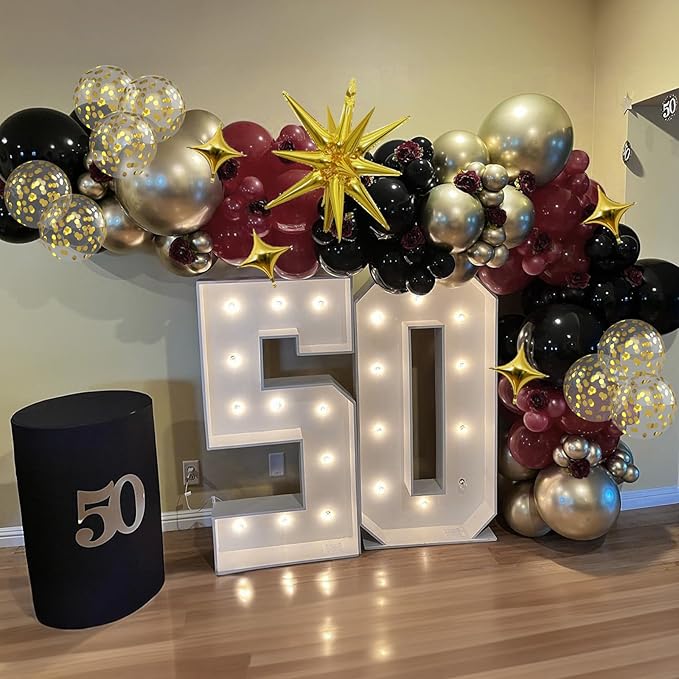 Black Burgundy Gold Balloons Arch Kit, Maroon Black Gold Balloons Arch Garland, 98Pcs Black Red Metallic Gold Balloons with Stars Balloon for Birthdays Retirement Graduation Celebrations Class of 2025