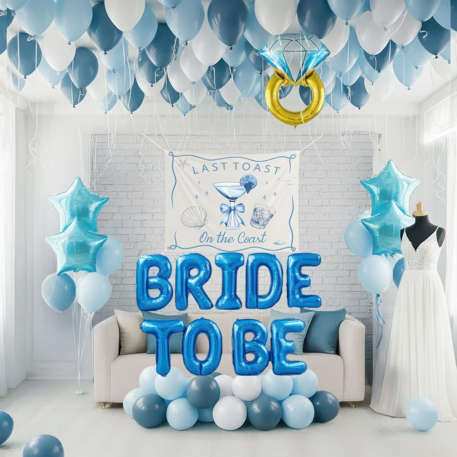 Last Toast on the Coast Bachelorette Decorations Blue bridal shower Blue Balloon Garland Kit with Backdrop BRIDE TO BE letter Diamond Ring balloons for Hen Party Wedding Engagement supplies