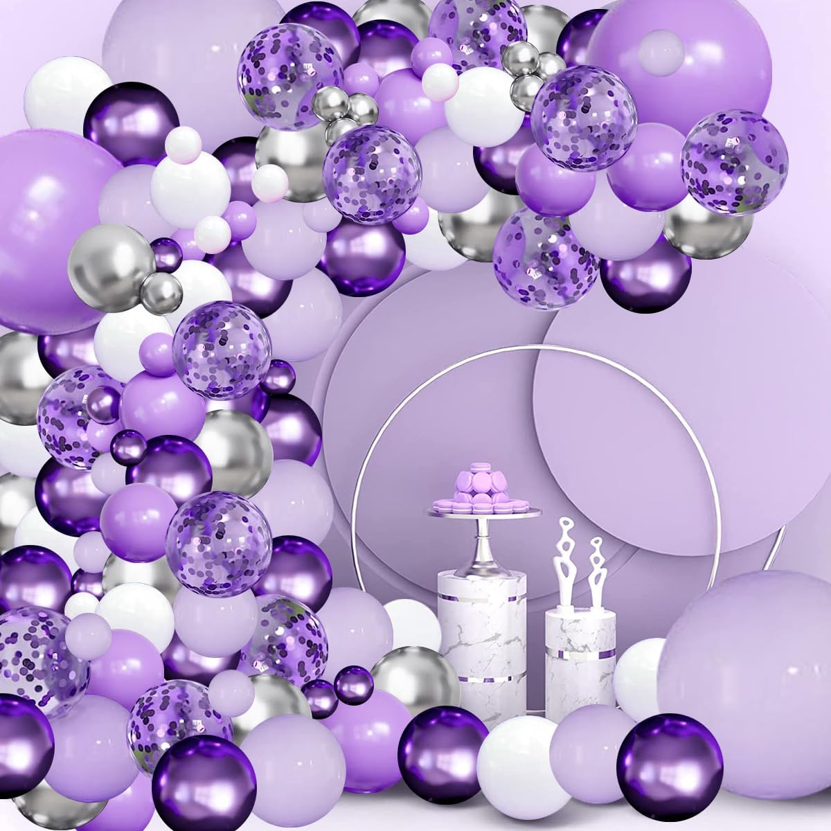Purple Balloons Garland Arch Kit,144pcs Lavender Purple Pastel Purple Confetti Balloons with Silver White Ballons for Girl Butterfly Bridal Shower Princess Birthday Wedding Party Decoration