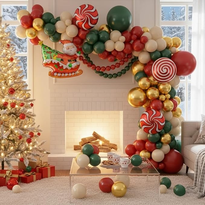 Christmas Balloon Arch Kit, Red Green Nude Metallic Gold Balloons with Santa Candy Lollipop Foil Balloons for Christmas Party Decorations Xmas Eve New Year Holiday Party Supplies