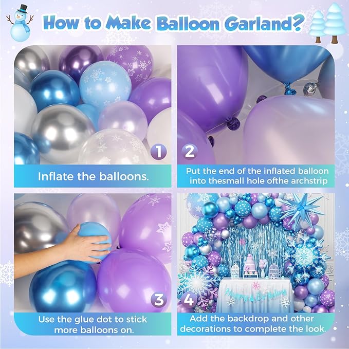 Frozen Balloon Arch Garland Kit 220pcs, Blue Purple White Balloons with Fringe Curtain Snowflake Balloons Birthday Banner for Winter Wonderland Baby Shower Snow Princess Birthday Party Decor