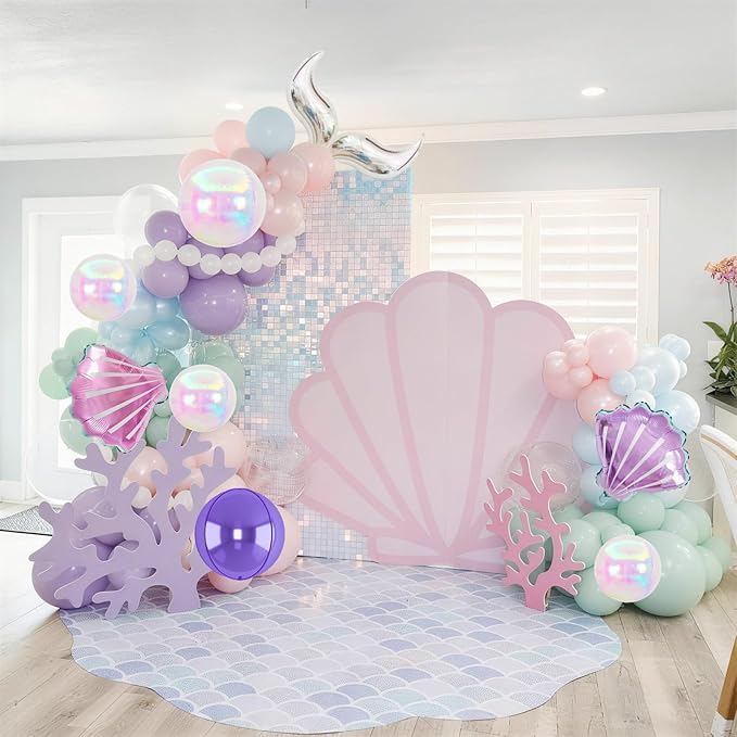 Mermaid Balloon Garland Arch Set, Purple Teal Blue Pink Clear Latex Balloons with 22'' 4D Iridescent Round Foil Balloons, Seashell Foil Balloon for Kids Birthdays Under the Sea Party Pack of 126