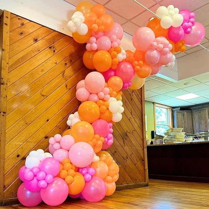 Boho Daisy Balloons Arch Kit, 142Pcs Hot Pink and Orange Balloons Garland Kit 12 10 5 Inch Pink Orange Yellow Latex Balloons for Boho Girls Women Birthday Baby Shower Wedding Party Decoration