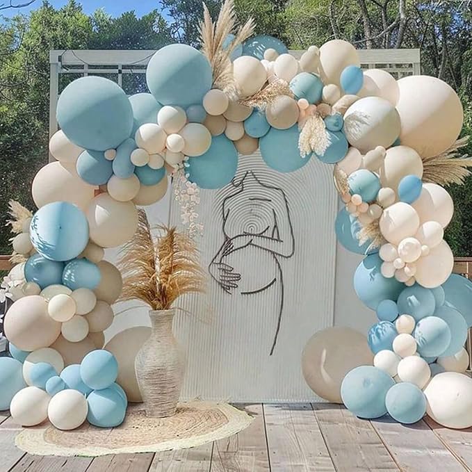 Dusty Baby Blue Balloon Arch Kit, Blue Beige Balloons Garland Slate Fog Baby Blue Ivory White Balloons with 3PCS 18Inch Clear Balloons for Men Boy Baby Shower Christening Birthday Party Decorations