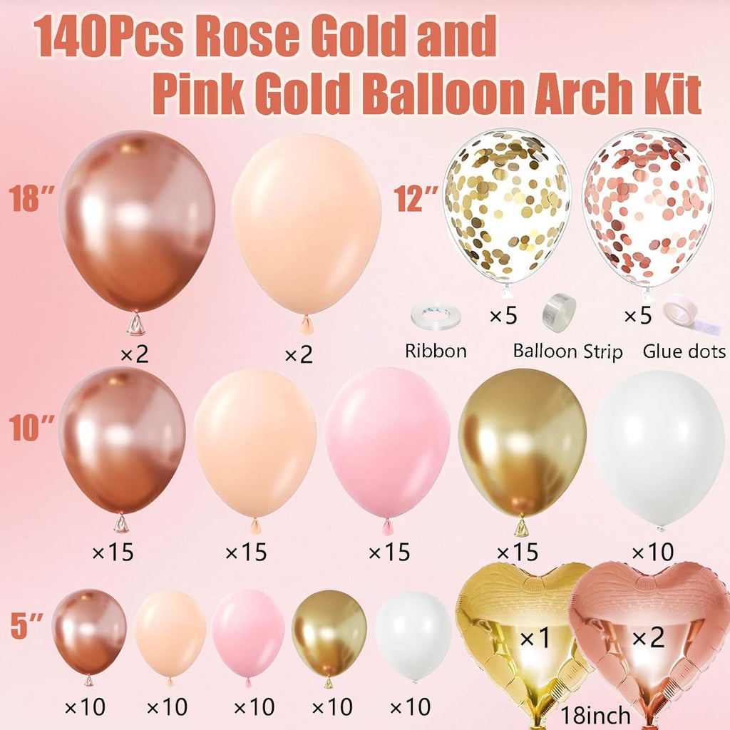 Rose Gold Balloon Garland Arch Kit, 140Pcs Nude Pastel Pink Metallic Gold White Balloons Gold and Rose Gold Confetti Balloons with Heart Foil Balloon for Wedding Bridal Birthday Party Decorations