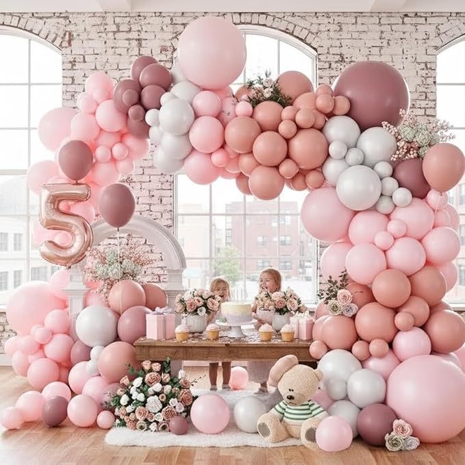 Dusty Pink Balloon Arch Kit, 122Pcs Dusty Pink Rose Pink Light White Balloons for Girls Boho Birthday Bridal Wedding Engagement Pearl Baby Shower Anniversary Party Decorations