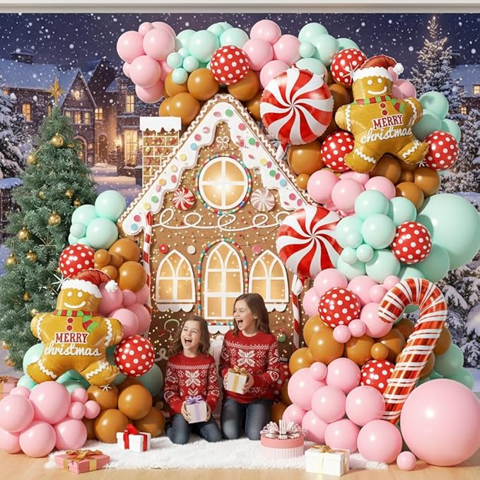 153Pcs Christmas Balloon Arch Garland Kit Xmas Pastel Pink Green Brown Latex Balloons Gingerbread Man Candy Cane Foil Balloons Arch Kit for Christmas New Year Party Birthday Party Decorations