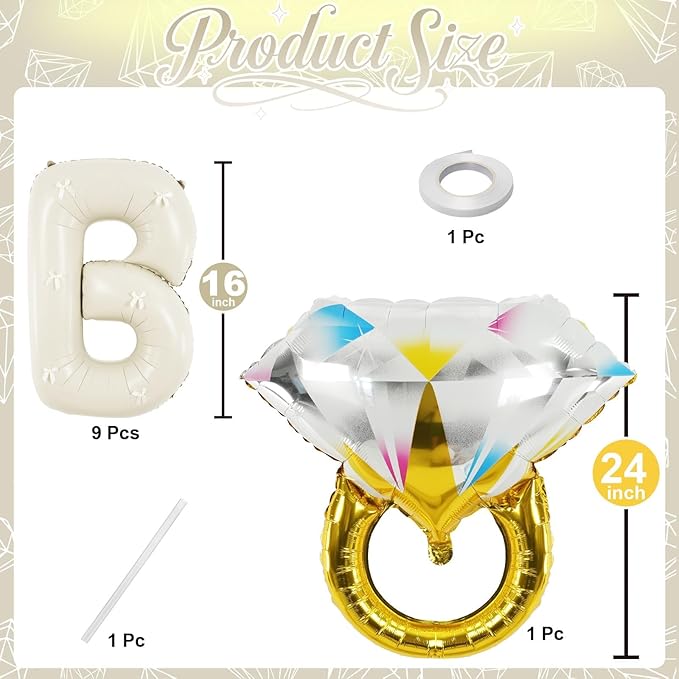 Beige Bachelorette Party Decorations, Cream White Sand Bride To Be Bridal Shower Letter Balloons Banner with Diamond Ring Mylar Foil Balloon for Engagement Wedding Photo Booth Hen Room Party Decor