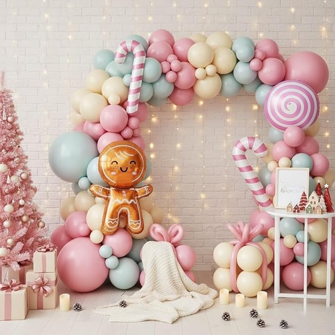 Christmas Balloon Arch Kit, Pink Green Ivory White Balloons with Gingerbread Man Candy Lollipop Foil Balloons for Christmas Party Decorations New Year Party Supplies
