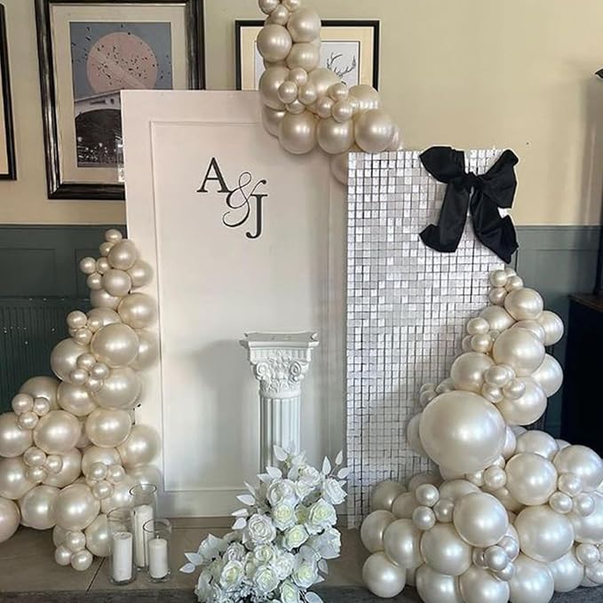 Pearl White Balloon Arch Kit, 117PCS Bow Long Balloons and Pearl Sand White Ivory Matte White Balloons Garland with 3PCS Clear Balloons for Wedding Engagement Birthday Baby Shower Party Decoration