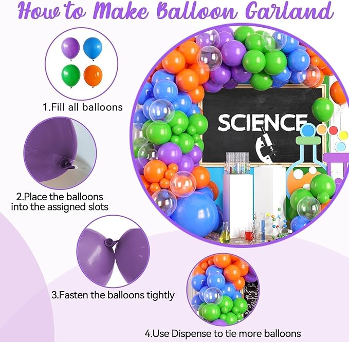 Science Balloon Arch Kit, 122Pcs Purple Dark Blue Green Orange Transparent Colorful Balloons for Boys Science Birthday Party Lab Scientist Lab Classroom Decorations
