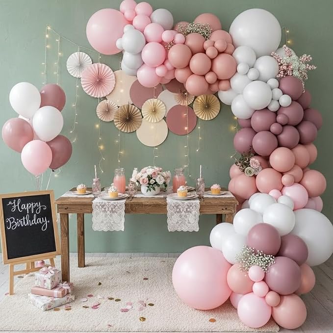 Dusty Pink Balloon Arch Kit, 122Pcs Dusty Pink Rose Pink Light White Balloons for Girls Boho Birthday Bridal Wedding Engagement Pearl Baby Shower Anniversary Party Decorations