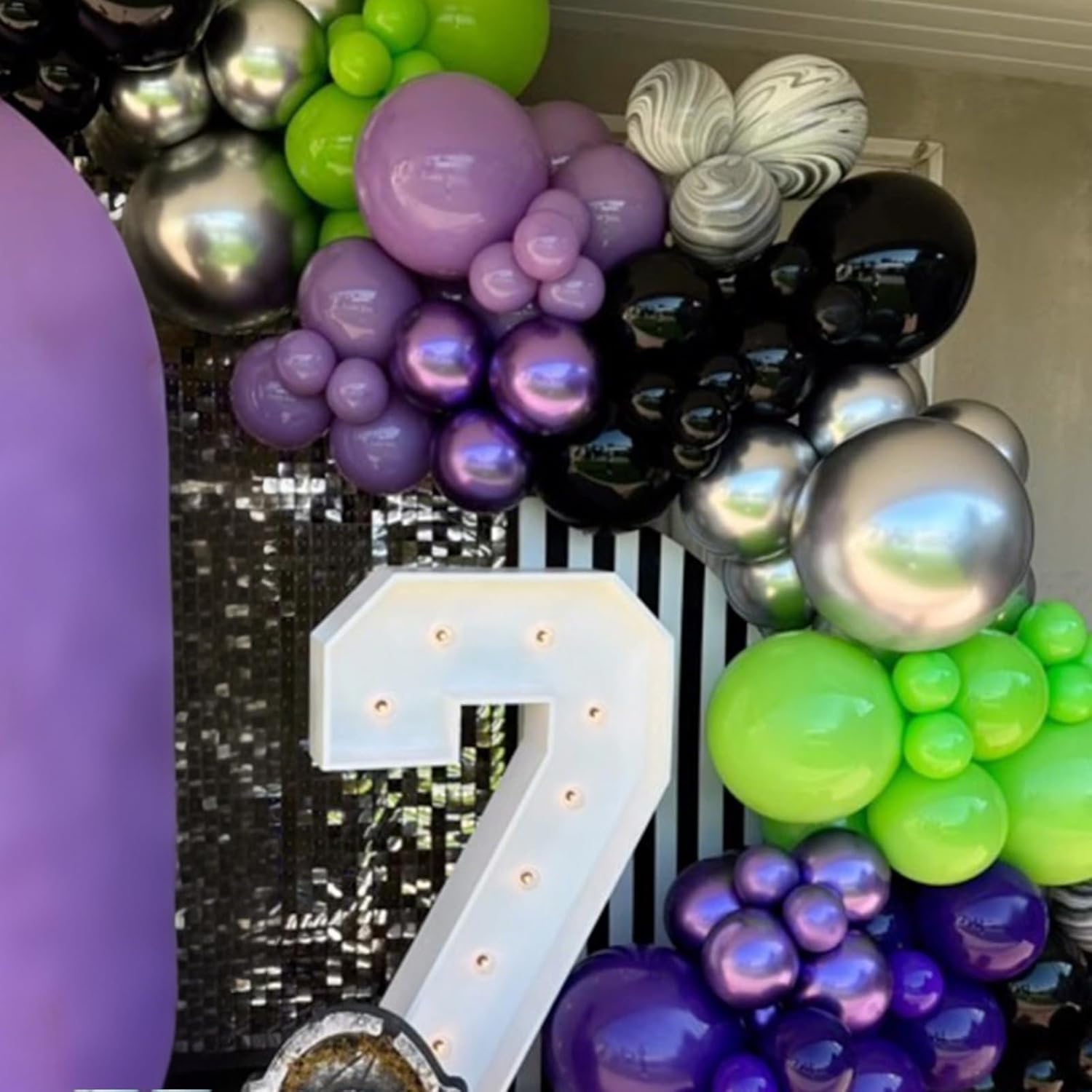 Purple and Green Balloons, 52 PCS 12 Inch Metallic Chrome Purple Light Green Black Latex Balloons with Black Green Confetti Balloons for Boys Girls Birthday Party Baby Shower Decorations
