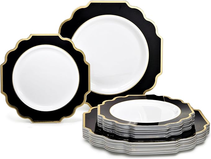 " OCCASIONS " 50 Plates Pack (25 Guests)-Heavyweight Wedding Party Disposable Plastic Plate Set -(25x10.5'' Dinner + 25x8'' Salad/dessert (Imperial in Black & Gold)
