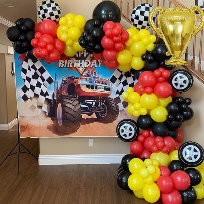 Race Car Balloon Arch Garland Kit, 154pcs Different Size Tire Flags Checkered Black Red Yellow Balloons Arch Kit for Racing Car Two Fast Theme Boy Birthday Anniversary Party Decorations