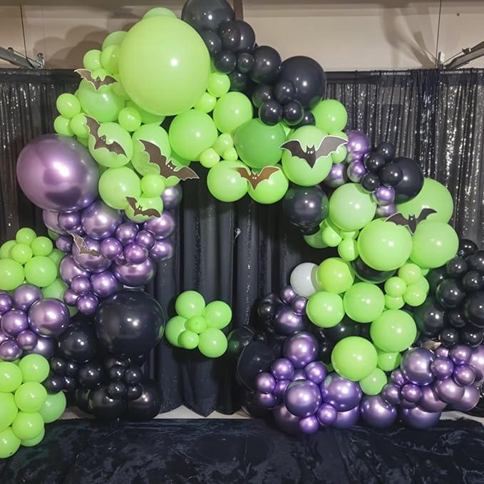 Halloween Balloon Arch Garland Kit, Black Green Purple Metallic Confetti Ghost Witch Foil Balloons with 3D Bat Stickers for Halloween Baby Shower Party Decorations Cosplay Theme Party