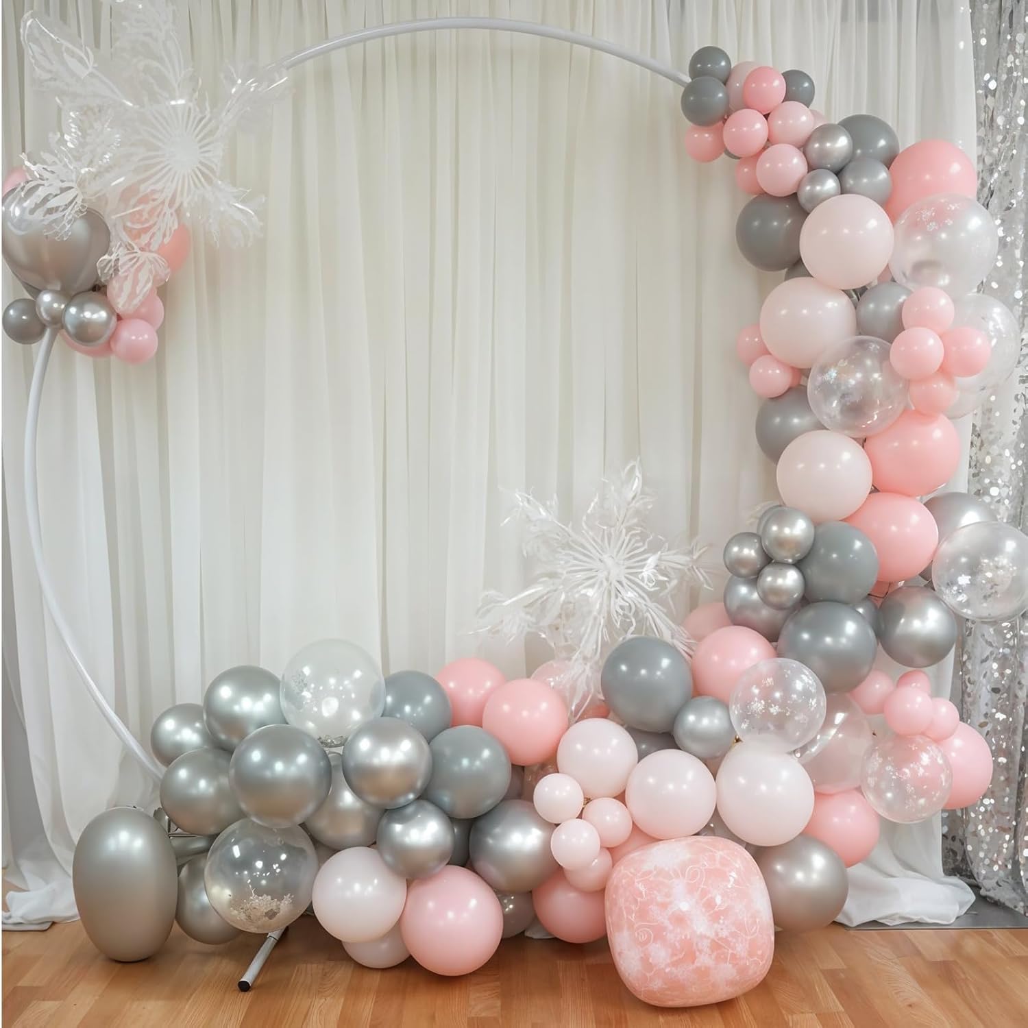 Pink and Silver Balloons, 52 PCS Snowflake Pink and White Balloons, 12 Inch Pink White Silver Pearl Pink Latex Balloons for Girl Baby Shower Birthday Bridal Wedding Party Decorations