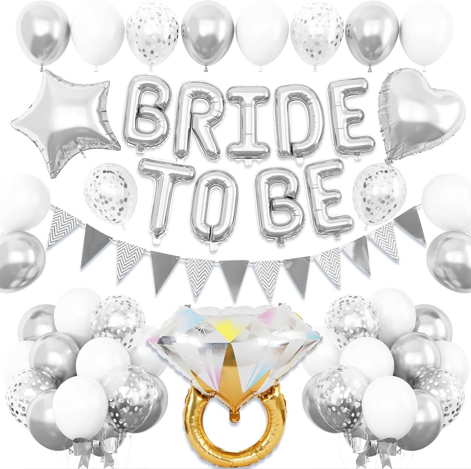 Silver Bachelorette Party Decorations, Silver Bride To Be Bridal Shower Balloons Decorations, Metallic White Balloon with Diamond Ring Star Heart Balloon for Bachelorette Engagement Wedding