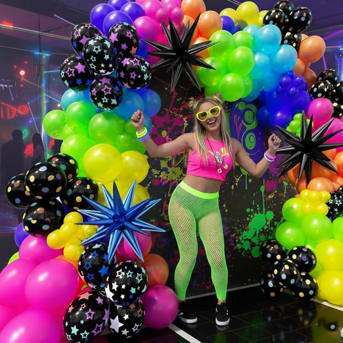 185Pcs Neon Balloons Arch Garland Kit with Glow in the Dark Balloons, Neon Balloons Arch Kit for Back to 80s 90s DISCO Birthday Party Decorations, Let's Glow Party, Rock Roll Party Supplies