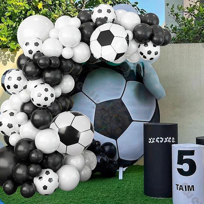 Soccer Balloon Garland Arch Kit, 22 18 12 10 5 Inch Black White Football Print Balloons Arch Kit with 4D Football Foil Balloon Football Helium Balloon for Birthday Soccer Club Party