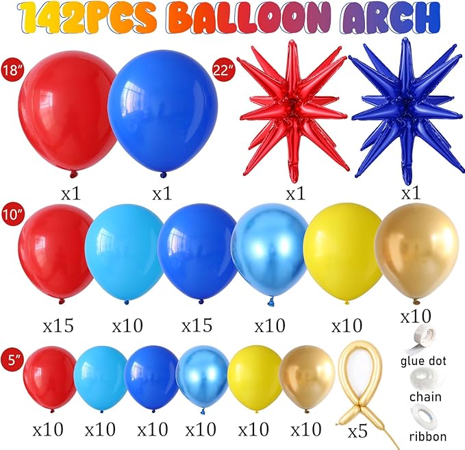 142 Pcs Cartoon Hedgehog Red Blue Yellow Balloon Arch Kit,Gold Circle Twisting Balloons with Exploding Star Foil Balloons for Video Game Theme Birthday Party Carnival Circus Baby Shower Decorations