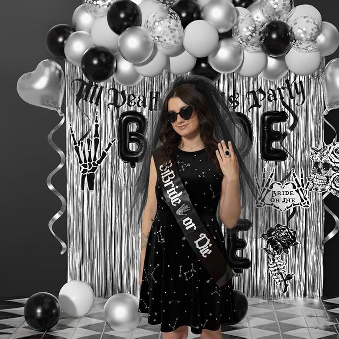 Bride or Die Bachelorette Party Decorations 100pcs with Till Death Do Us Party Banner Balloons, Swirl Fringe Curtains Shoulder Strap Veil for Til Death Do Us Party Bachelorette Party Supplies