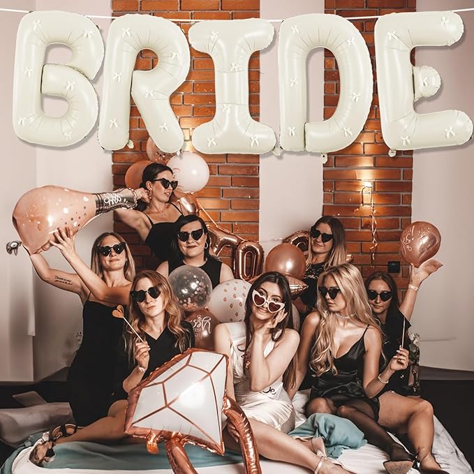 40Inch Beige BRIDE Balloons Bachelorette with Cream Bows, Giant Sand White BRIDE Mylar Foil Letter Balloon, Bride To Be Banner Sign for Bridal Shower Engagement Wedding Photo Booth Party Decorations
