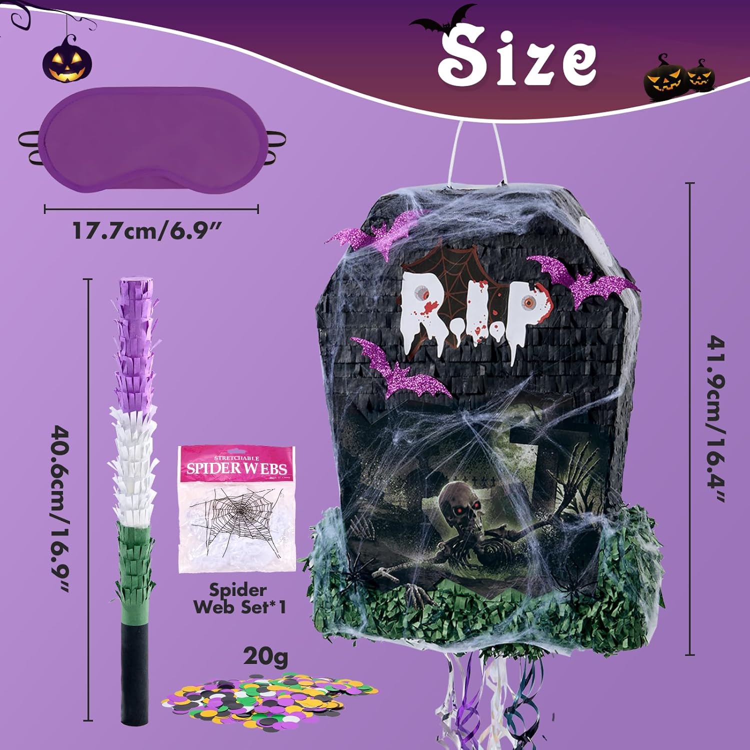 WERNNSAI Halloween Tombstone Piñata - Tombstone Bat Pinata Halloween Party Decor Favors for Kids Birthday Games Rip to Adults Birthday Decorations with Bat Blindfold