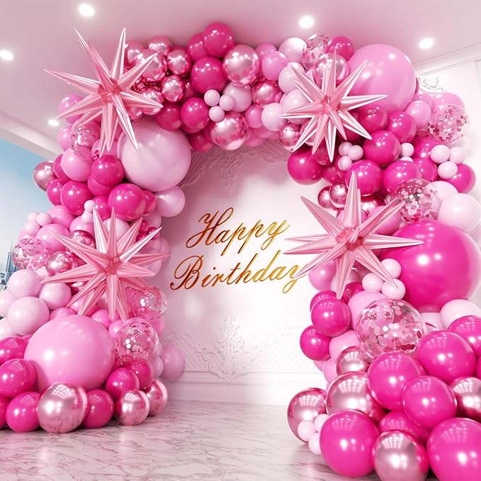 Pink Balloons Garland Arch Kit 163pcs with Star, Hot Pink Metallic Pink Shades of Pink Valentine's Day Balloons for Birthday Wedding Princess Theme Engagements Baby Shower Party Decorations