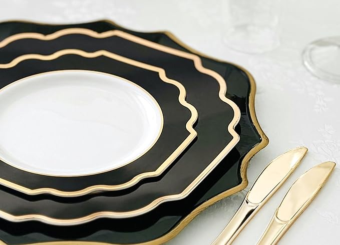 " OCCASIONS " 240 Plates Pack,(120 Guests) Heavyweight Wedding Party Disposable Plastic Plates Set -120 x 10.5'' Dinner + 120 x 8'' Salad / Dessert (Imperial in Black & Gold)