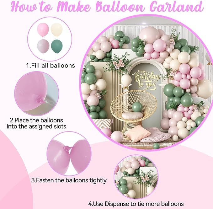 Dusty Pink and Green Balloon Arch Kit, 122Pcs Sage Green Macaron Dusty Pink Ivory White Matte Balloons for Girls Flower Birthday Bridal Wedding Engagement Floral Baby Shower Party Decorations