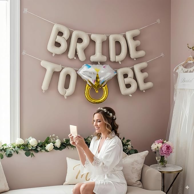 Beige Bachelorette Party Decorations, Cream White Sand Bride To Be Bridal Shower Letter Balloons Banner with Diamond Ring Mylar Foil Balloon for Engagement Wedding Photo Booth Hen Room Party Decor