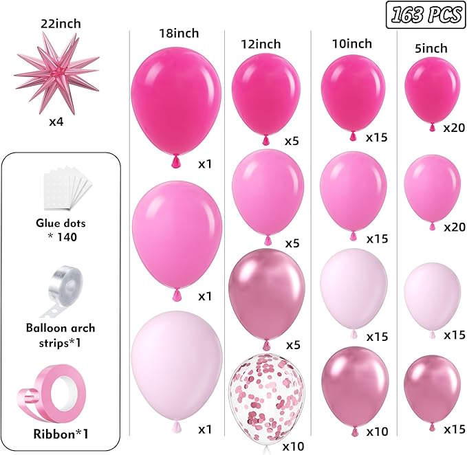Pink Balloons Garland Arch Kit 163pcs with Star, Hot Pink Metallic Pink Shades of Pink Valentine's Day Balloons for Birthday Wedding Princess Theme Engagements Baby Shower Party Decorations