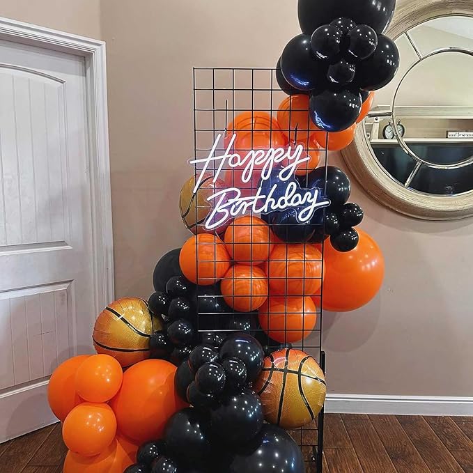 Basketball Balloon Arch Kit, 108Pcs Black Orange and Metallic Gold Balloon Garland Kit with Black Explosion Star and Basketball Foil Balloons 18 10 5 Inch for Boys Men Birthday Party Supplies