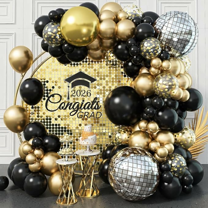 Black and Gold Balloons Garland Arch Kit, 18 12 10 5 Inch Black Metallic Gold Balloon Arch Kit, Champagne Gold Party Decorations with 4D Disco Balloon for Graduation Birthday Retirement New Year