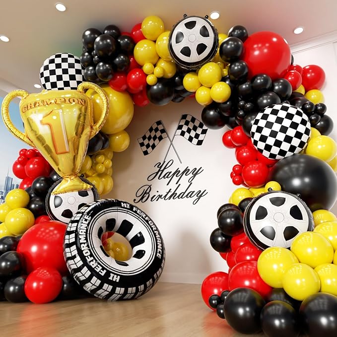 Race Car Balloon Arch Garland Kit, 154pcs Different Size Tire Flags Checkered Black Red Yellow Balloons Arch Kit for Racing Car Two Fast Theme Boy Birthday Anniversary Party Decorations