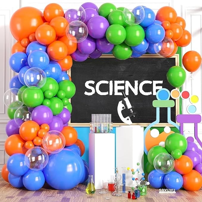 Science Balloon Arch Kit, 122Pcs Purple Dark Blue Green Orange Transparent Colorful Balloons for Boys Science Birthday Party Lab Scientist Lab Classroom Decorations