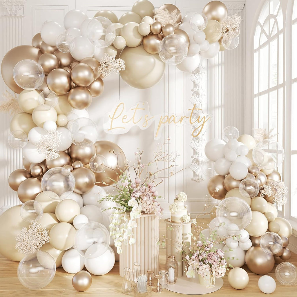White Sand Metallic Champagne Gold Balloons Garland Arch Kit,152PCS White Nude Balloons with Clear Balloons for Birthday Boho Wedding Baby Shower Bridal Shower Engagement Anniversary Decorations
